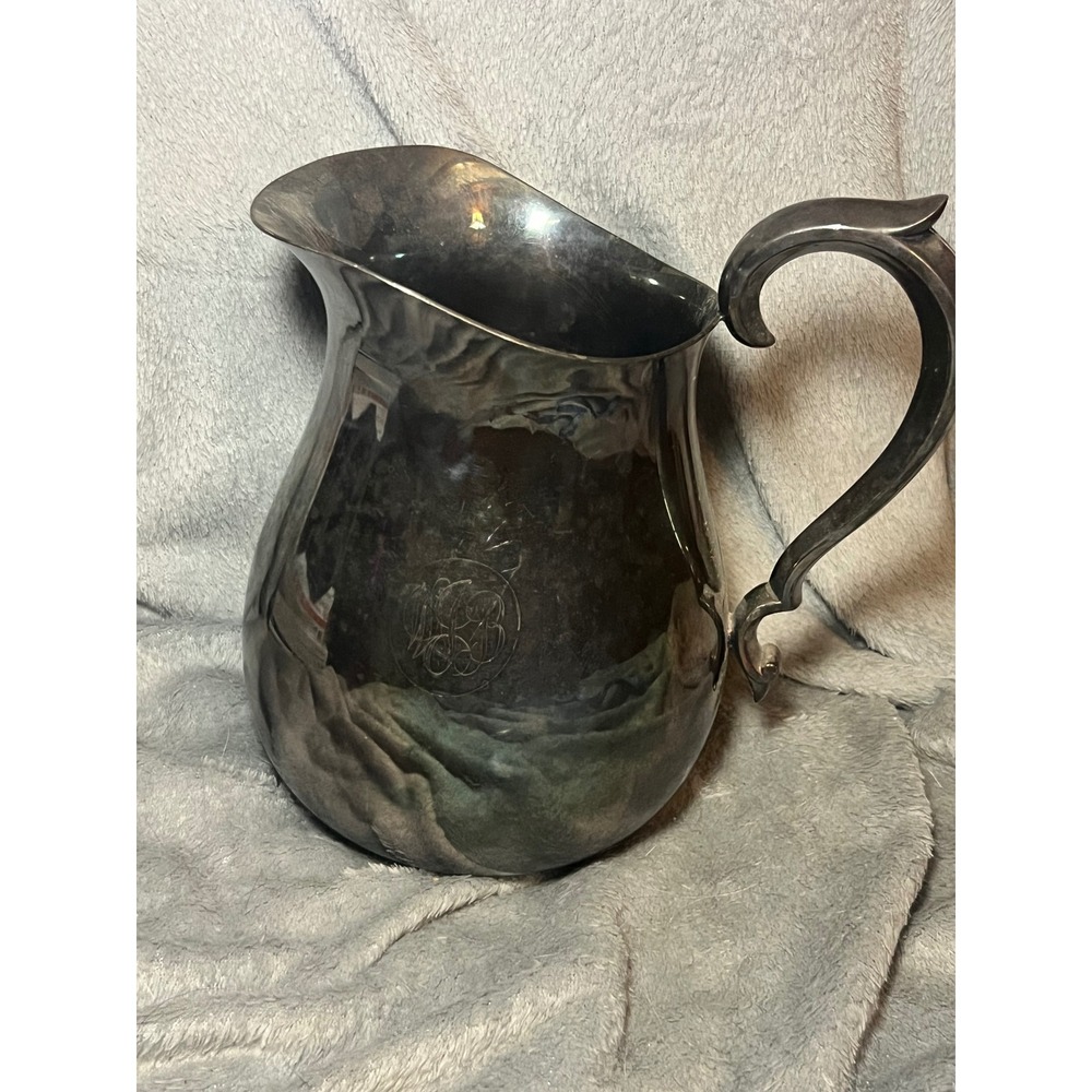 Reed & Barton 970 Silverplate Water Pitcher Monogram Ice Lip Vintage 9in Jug